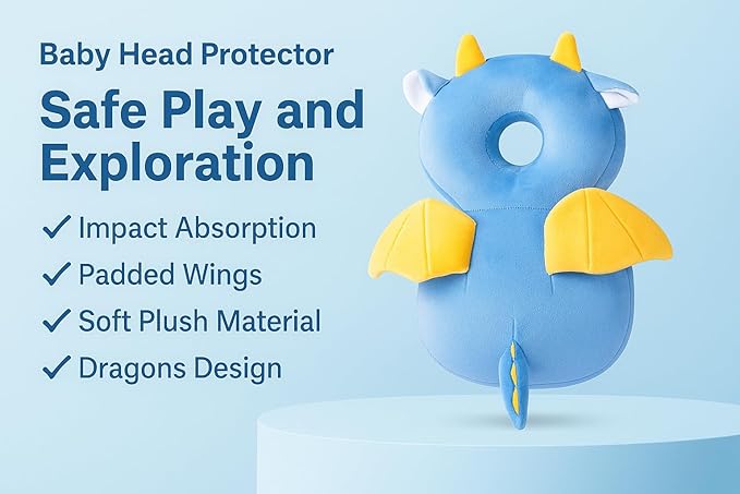 Baby Head Protector Cushion for 6–24 Months | Soft Plush Safety Backpack for Toddlers | Adjustable Straps, Anti-Fall Pillow for Infants (Dragon)
