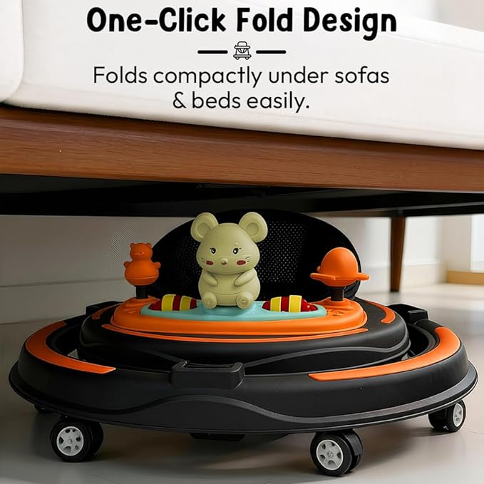 Baby Walkers for 9+, 6-18 Month Baby boy & Girl 360A° Walker for Kids for 6-24 Months with 7 Level Height Adjustment, Baby Walker with Switchable Food & Musical Toy Tray -Orange Black