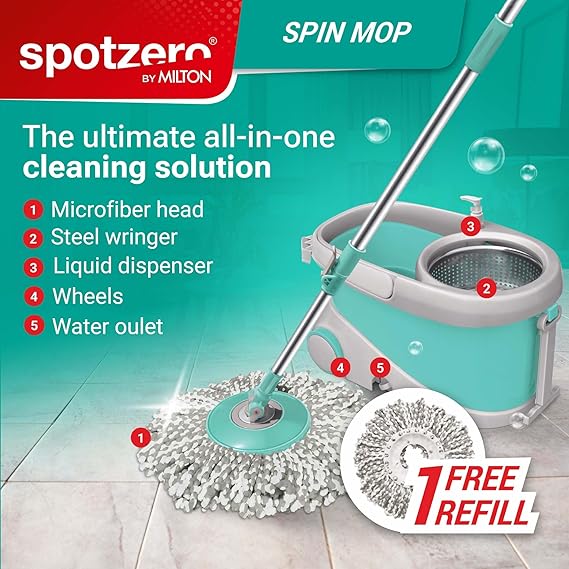 Spotzero by Milton Prime Stainless Steel Wringer Spin Mop | 360° Floor Cleaning System | 2 Microfiber Refills | Aqua Green