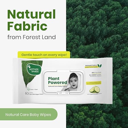 Mother Sparsh Natural Care Water Baby Wipes with Lid | 100% Plant Made Fabric From Forest Land | Fresh+Cleanse (with Cucumber) Plant Powered Wet Wipes For...