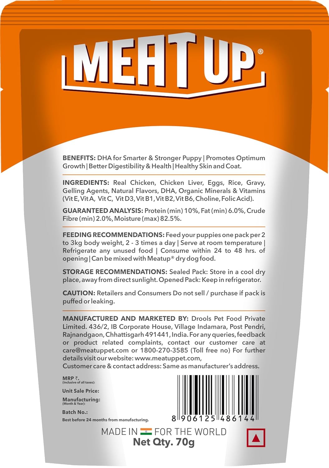 Puppy Wet Dog Food (8 x 70g) 560g + 560g Free, Total 1.12kg | Real Chicken in Gravy | Supports Digestion | Boosts Vitality | Complete & Balanced Meal