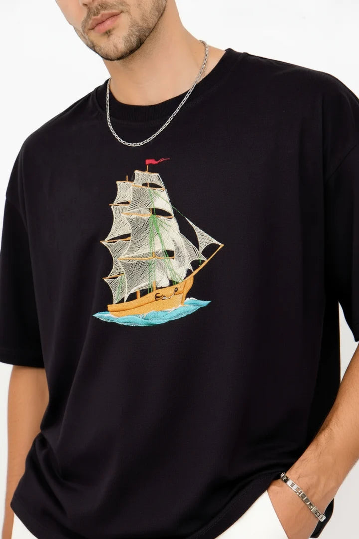 Sailor Voyage Embroidered Oversized Black T-Shirt
