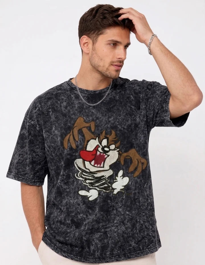 Thread Vibes Taz Cartoon Embroidered Black Oversized T-Shirt