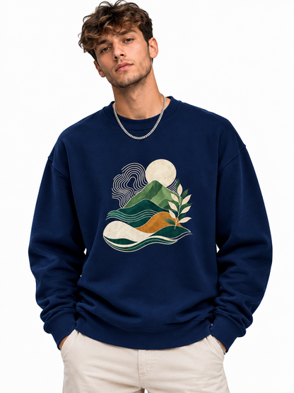 Men’s Navy Blue Nature Landscape Graphic Printed Sweatshirt – Crew Neck Casual Winter Wear