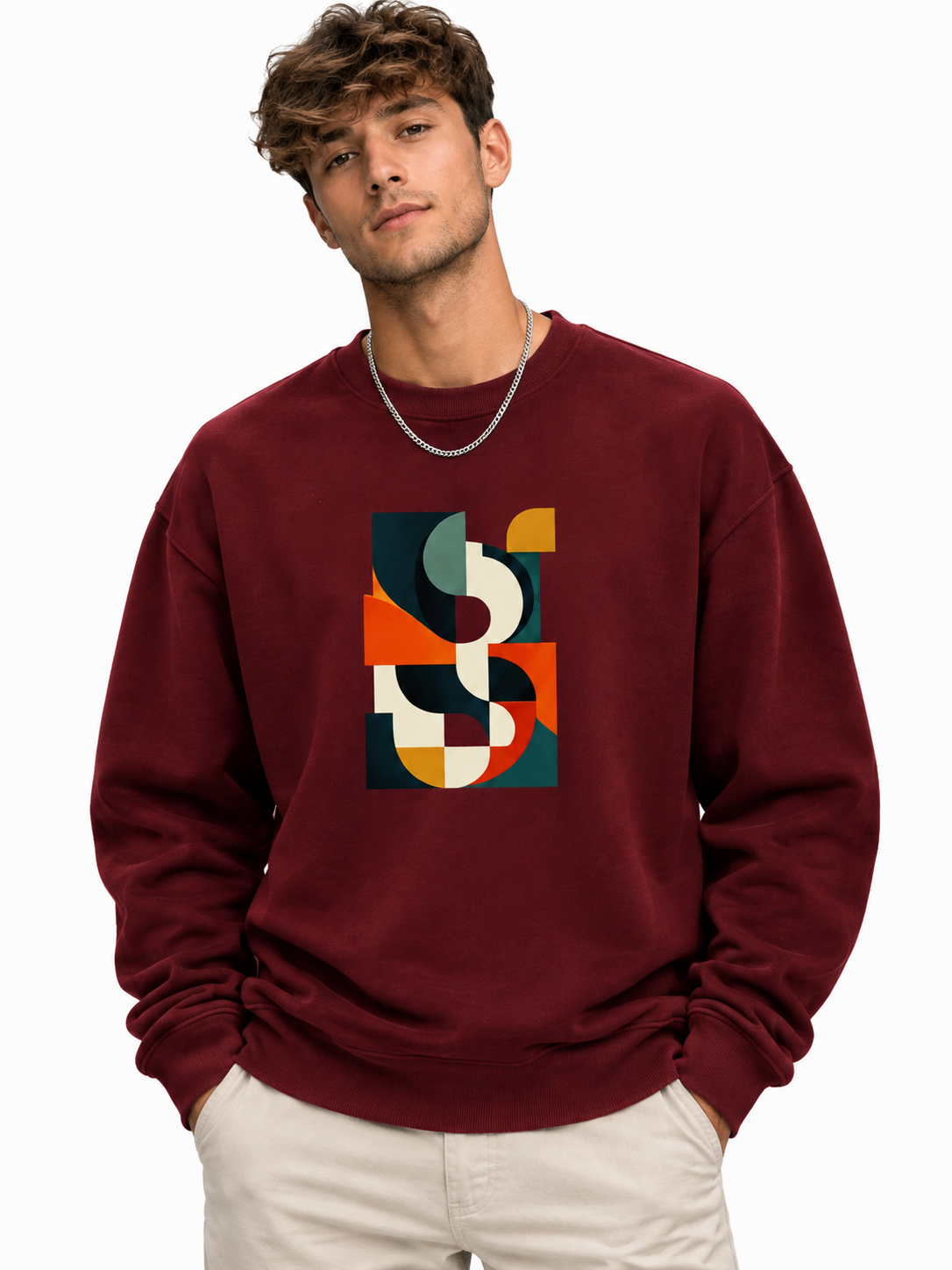 Men’s White Abstract Geometric Graphic Printed Sweatshirt – Crew Neck Casual Streetwear
