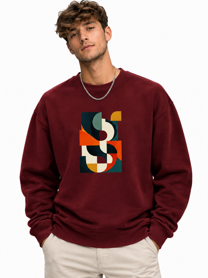 Men’s White Abstract Geometric Graphic Printed Sweatshirt – Crew Neck Casual Streetwear
