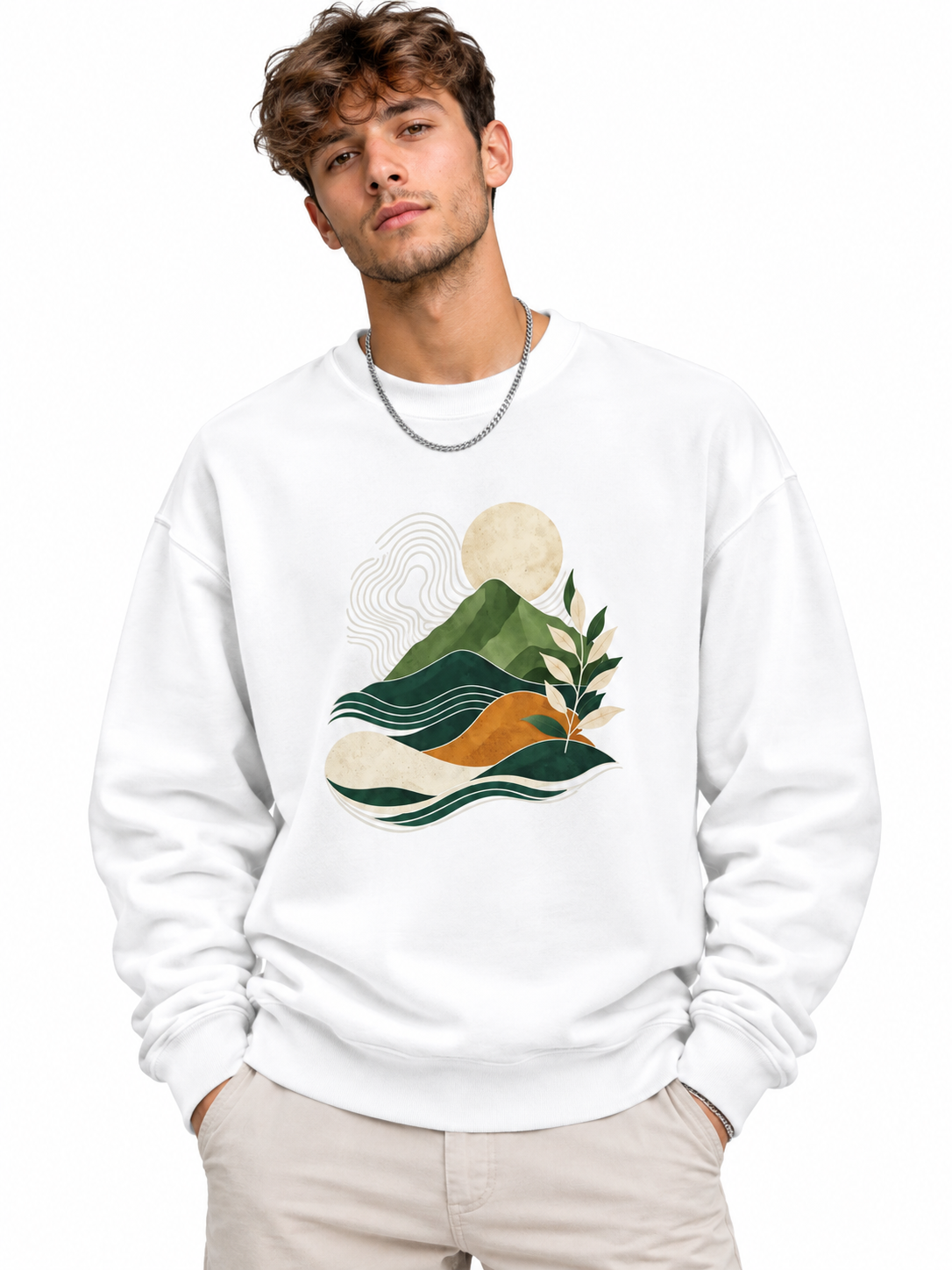 Men’s Navy Blue Nature Landscape Graphic Printed Sweatshirt – Crew Neck Casual Winter Wear