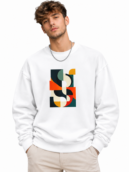 Men’s White Abstract Geometric Graphic Printed Sweatshirt – Crew Neck Casual Streetwear