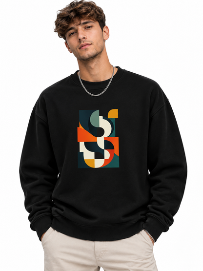 Men’s White Abstract Geometric Graphic Printed Sweatshirt – Crew Neck Casual Streetwear
