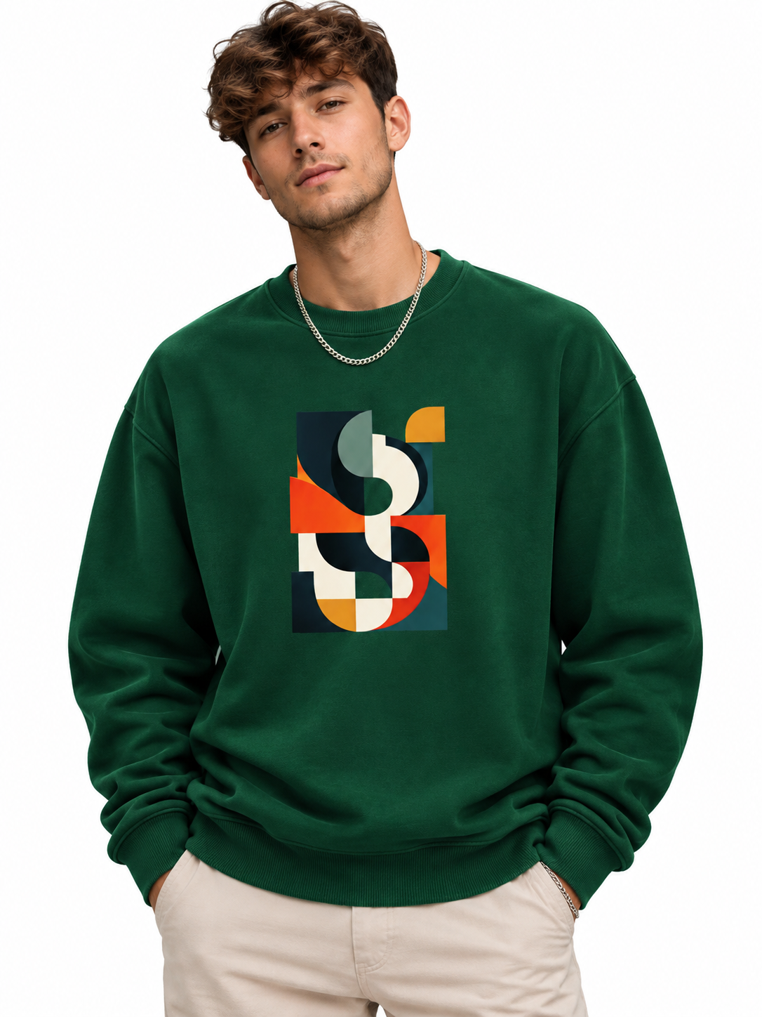Men’s White Abstract Geometric Graphic Printed Sweatshirt – Crew Neck Casual Streetwear