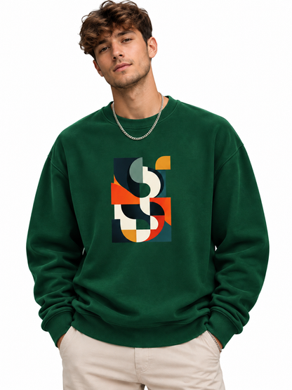 Men’s White Abstract Geometric Graphic Printed Sweatshirt – Crew Neck Casual Streetwear