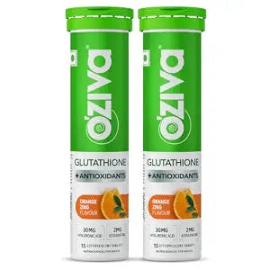 OZiva Bioactive Glutathione Tablets for Radiant Skin - 30 Effervescent Tablets (Pack of 2) | L-Glutathione, Lycopene, Vitamin C for Skin Glow & Anti-Pigmentation | Orange