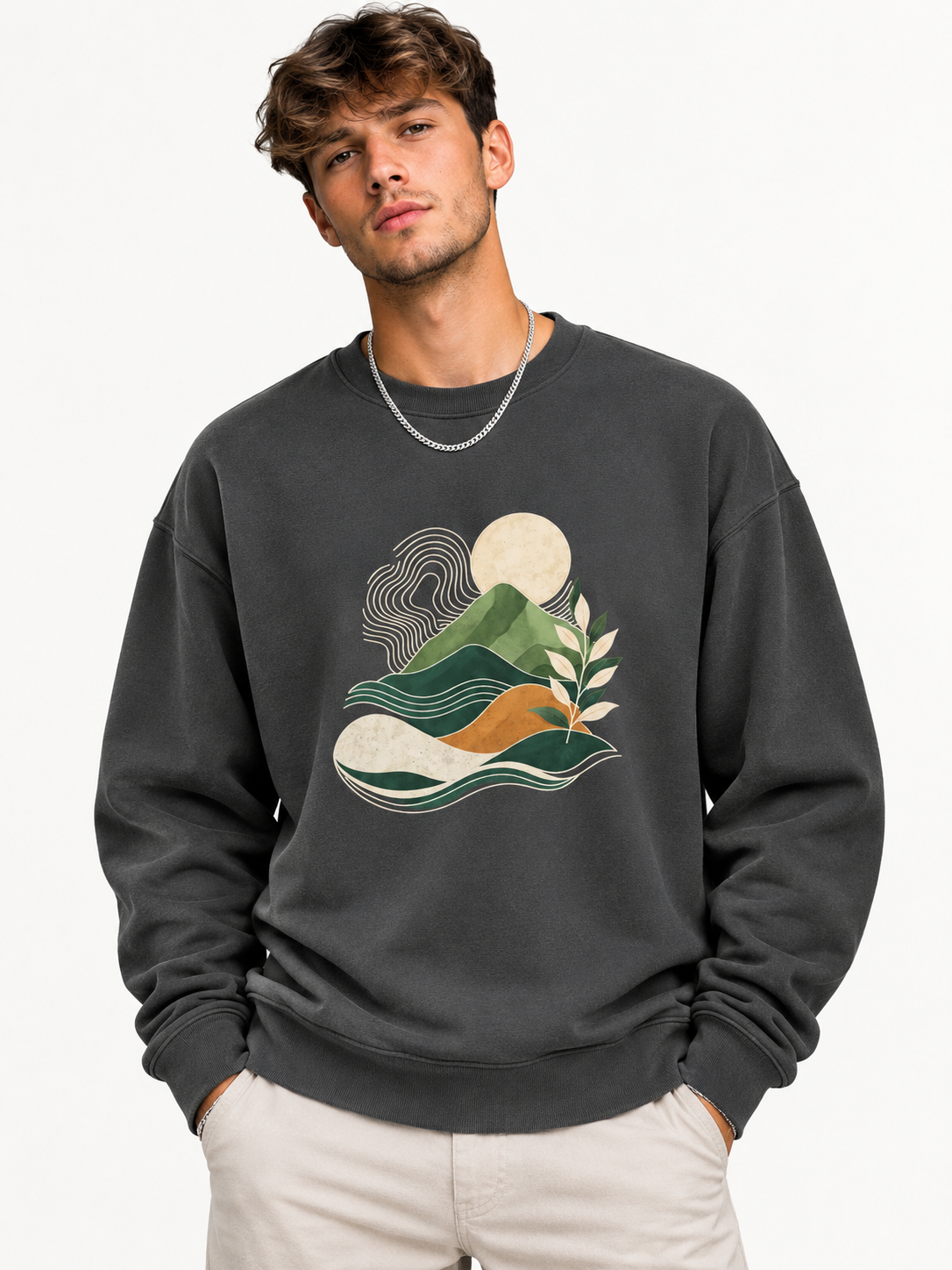 Men’s Navy Blue Nature Landscape Graphic Printed Sweatshirt – Crew Neck Casual Winter Wear