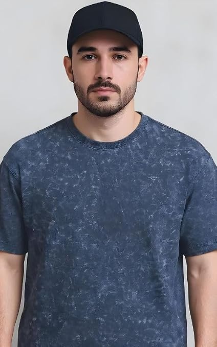 Men's Navy Blue Acid Wash Vintage Plain Oversized T-Shirt | Heavyweight Cotton Blank Streetwear Tee