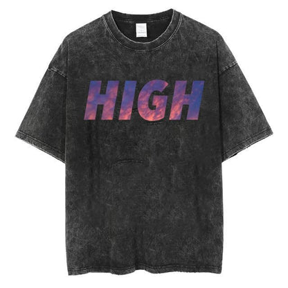Men's Acid Wash Vintage Oversized T-Shirt | HIGH Sunset Sky Print Heavyweight Cotton Streetwear Tee