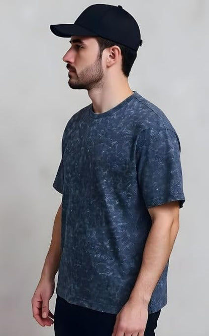 Men's Navy Blue Acid Wash Vintage Plain Oversized T-Shirt | Heavyweight Cotton Blank Streetwear Tee