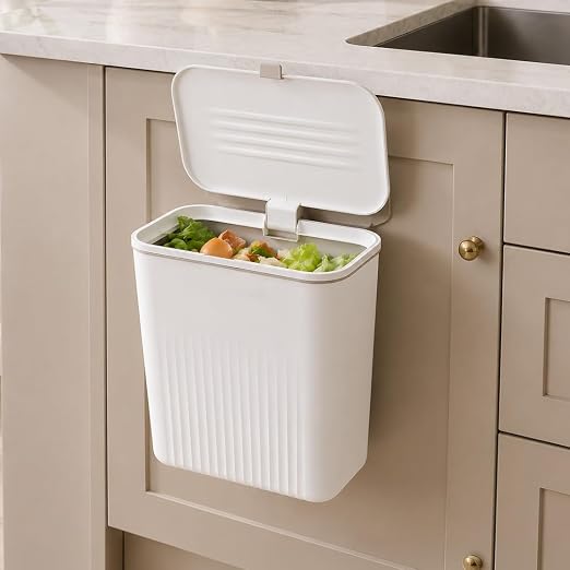 Plastic Kitchen Dustbin - Modern Lightweight Hanging Garbage Bin for Home, Office / 9 Liters, White/Open Top with Handle/Ideal for Kitchen, Bathroom and Cabinet Door (White)
