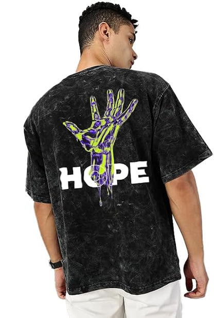 Men's Acid Wash Vintage Oversized T-Shirt | HOPE Skeleton Hand Back Print Heavyweight Cotton Streetwear Tee