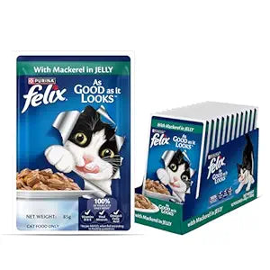 Felix with Mackerel in Jelly | Wet Food for Adults | Complete and Balanced Cat Food, Pack of 12 Pouches (12 x 85 g)