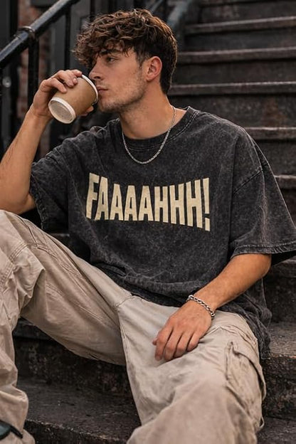 Men's Acid Wash Vintage Oversized T-Shirt | FAAAAHHH Print Heavyweight Cotton Streetwear Tee