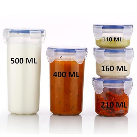 Plastic Airtight Round Food Storage Containers | Leak-Proof Locking Lid | BPA-Free | 5-Piece Set (110ml–500ml)