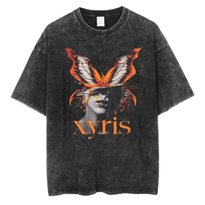 Men's Acid Wash Vintage Oversized T-Shirt | Xyris Butterfly Graphic Heavyweight Cotton Streetwear Tee