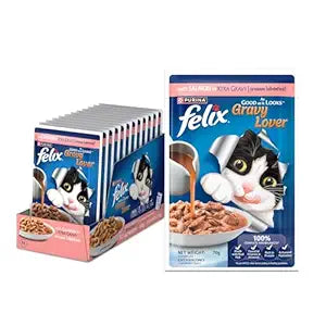 Felix Gravy Lover, Tasty & Real Meaty Salmon Chunks, Wet Cat Food, Balanced Nutrition, 24 Months, Pack of 12 Pouches (12x70g)