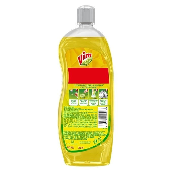 Vim Dishwash Liquid Gel Lemon | Tough Grease Remover | Refreshing Lemon Fragrance | 750ml