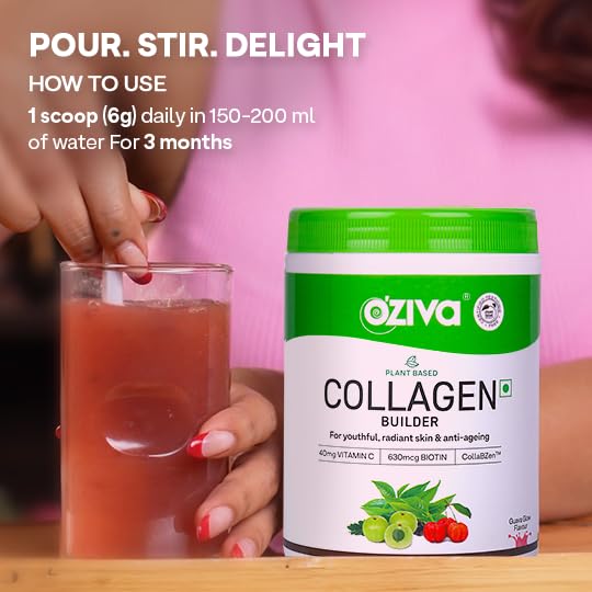 OZiva Vegan Collagen (Guava Glow) for Skin, Hair & Nails | Plant-Based Collagen Peptides Supplement for Men & Women | Non-GMO, No Sugar Added