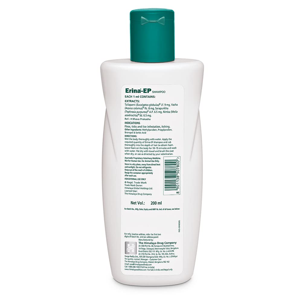 Erina-EP Shampoo | 200 ml | Tick & Flea Control for Dogs & Cats | with Neem & Eucalyptus for Skin Health & Hygiene