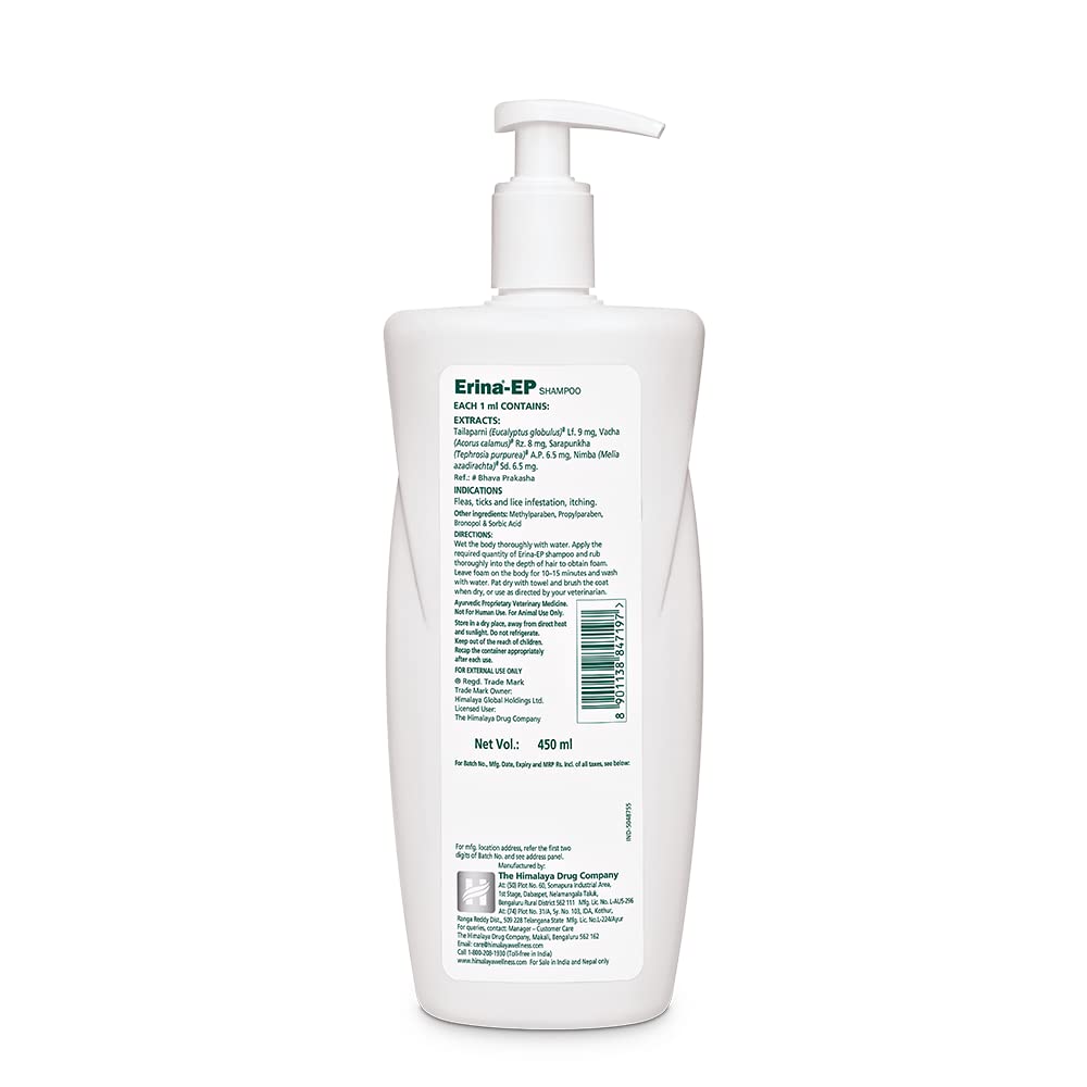 Erina-EP Shampoo | 450 ml | Tick & Flea Control for Dogs & Cats | With Neem & Eucalyptus for Skin Health & Hygiene