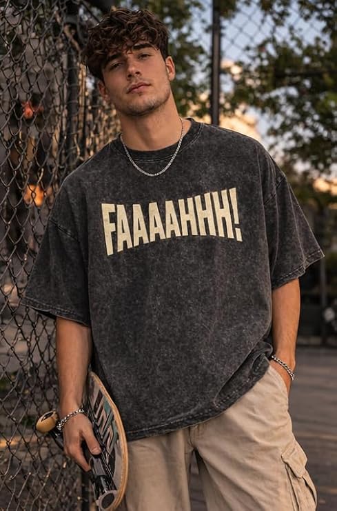 Men's Acid Wash Vintage Oversized T-Shirt | FAAAAHHH Print Heavyweight Cotton Streetwear Tee