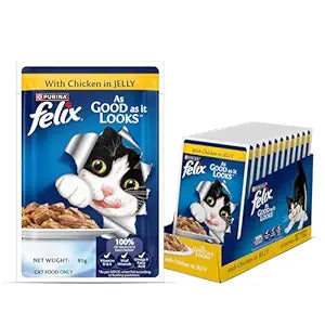 Felix with Chicken in Jelly | Wet Food for Adults | Complete and Balanced Cat Food, Pack of 12 Pouches (12 x 85 g)