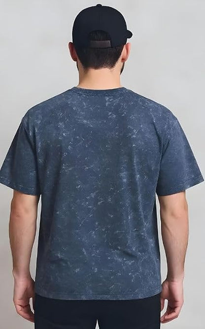 Men's Navy Blue Acid Wash Vintage Plain Oversized T-Shirt | Heavyweight Cotton Blank Streetwear Tee