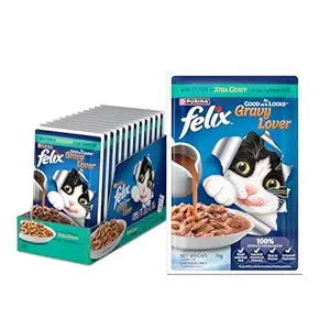 Felix Gravy Lover, Tasty & Real Meaty Tuna Chunks, Wet Cat Food, Balanced Nutrition, 24 Months, Pack of 12 Pouches (12x70g)