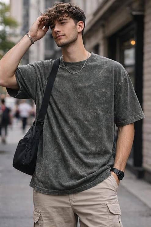 Men's Acid Wash Vintage Plain Oversized T-Shirt | Heavyweight Cotton Blank Streetwear Tee