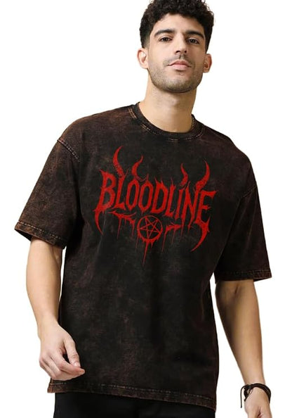 Men's Brown Acid Wash Vintage Oversized T-Shirt | Bloodline Red Graphic Heavyweight Cotton Streetwear Tee