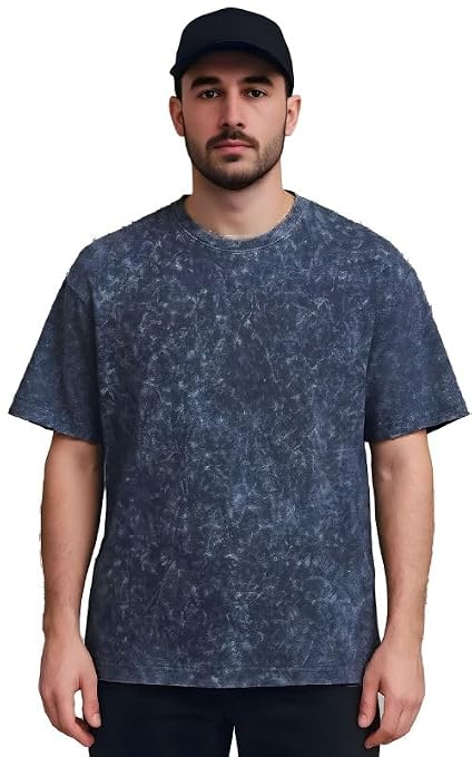 Men's Navy Blue Acid Wash Vintage Plain Oversized T-Shirt | Heavyweight Cotton Blank Streetwear Tee