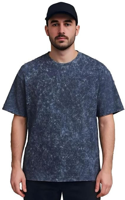 Men's Navy Blue Acid Wash Vintage Plain Oversized T-Shirt | Heavyweight Cotton Blank Streetwear Tee