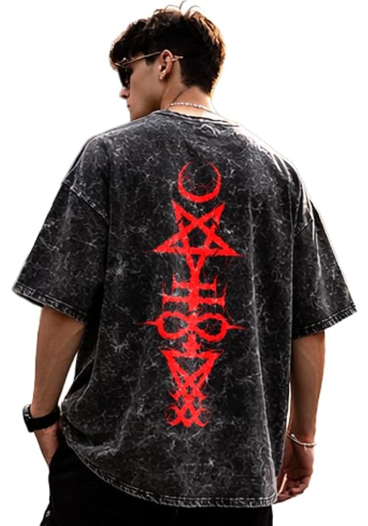 Men's Acid Wash Vintage Oversized T-Shirt | Red Graphic Back Print Heavyweight Cotton Streetwear Tee