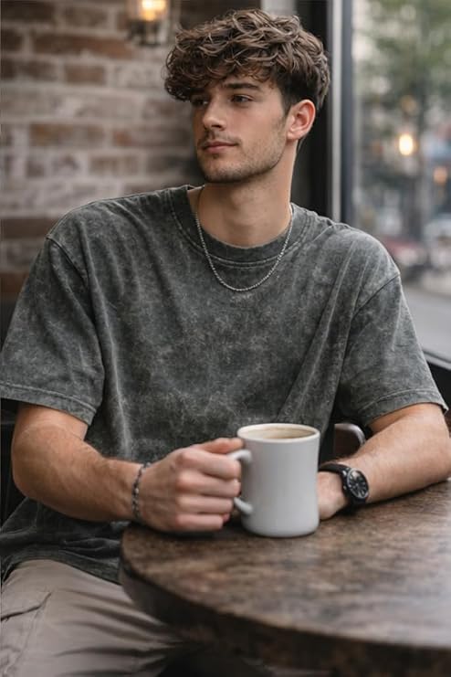 Men's Acid Wash Vintage Plain Oversized T-Shirt | Heavyweight Cotton Blank Streetwear Tee