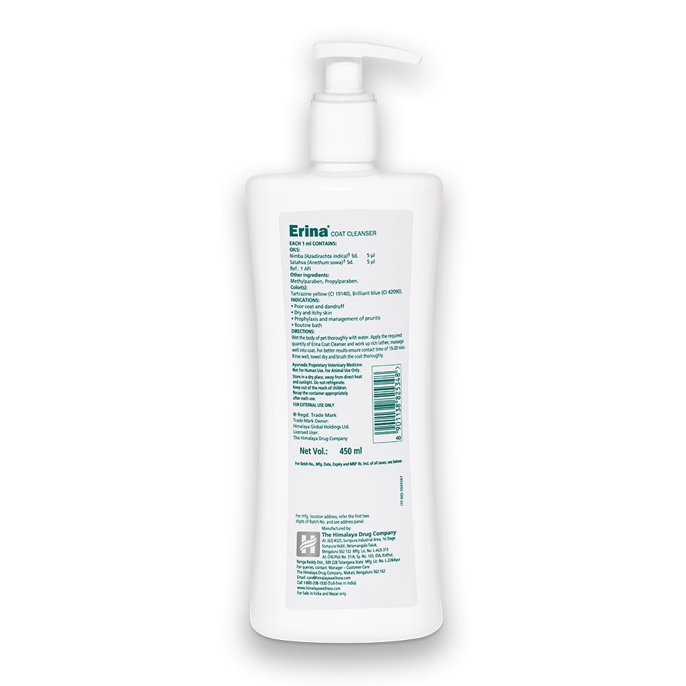 Erina Coat Cleanser | 450 ml | Routine Bathing & Skin Hygiene | With Neem for Dandruff & Itch Relief