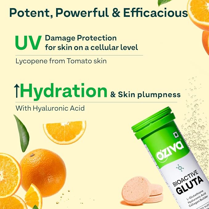 OZiva Bioactive Glutathione Tablets for Radiant Skin - 30 Effervescent Tablets (Pack of 2) | L-Glutathione, Lycopene, Vitamin C for Skin Glow & Anti-Pigmentation | Orange