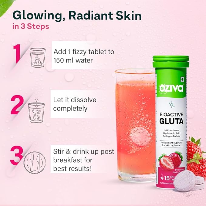 OZiva Bioactive Glutathione Tablets for Radiant Skin - 30 Effervescent Tablets (Pack of 2) | L-Glutathione, Lycopene, Vitamin C for Skin Glow & Anti-Pigmentation | Strawberry Swirl.