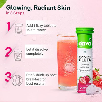 OZiva Bioactive Glutathione Tablets for Radiant Skin - 30 Effervescent Tablets (Pack of 2) | L-Glutathione, Lycopene, Vitamin C for Skin Glow & Anti-Pigmentation | Strawberry Swirl.