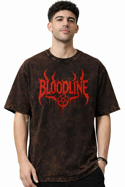 Men's Brown Acid Wash Vintage Oversized T-Shirt | Bloodline Red Graphic Heavyweight Cotton Streetwear Tee