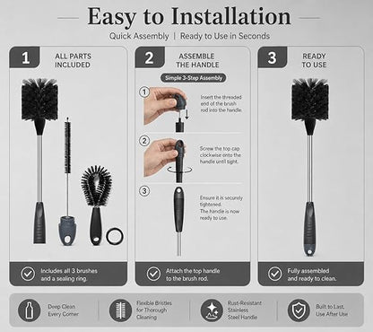 3-Piece Long Handle Bottle Cleaning Brush Set – 15" Bottle Cleaner Brushes for Water Bottles, Tumblers, Straws, Coffee Mugs, Sports Bottles, Thermos & Flask Cleaning
