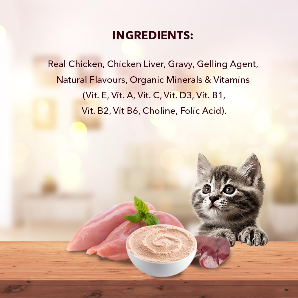 Kitten Wet Cat Food 800g (50g x 8 + 400g Free) | Real Chicken | Supports Heart & Vision | Strong Bones & Teeth | Natural Flavours | Organic Minerals & Vitamins
