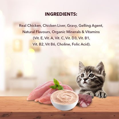 Kitten Wet Cat Food 800g (50g x 8 + 400g Free) | Real Chicken | Supports Heart & Vision | Strong Bones & Teeth | Natural Flavours | Organic Minerals & Vitamins