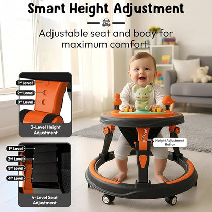 Baby Walkers for 9+, 6-18 Month Baby boy & Girl 360A° Walker for Kids for 6-24 Months with 7 Level Height Adjustment, Baby Walker with Switchable Food & Musical Toy Tray -Orange Black
